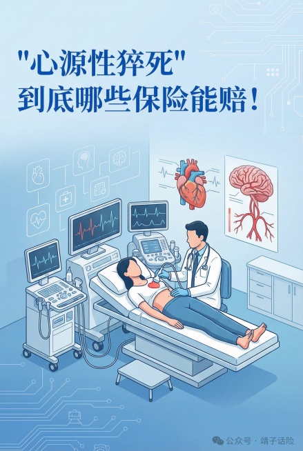 保留原标题文字："心源性猝死"到底哪些保险能赔！，保留原图竖版比例，替换背景和插画，整体还是医疗保险科普风格的插画封面，更换插画内容为全新的心脑血管医疗检查相关的插画设计，更换背景风格，保持画面简洁专预览效果