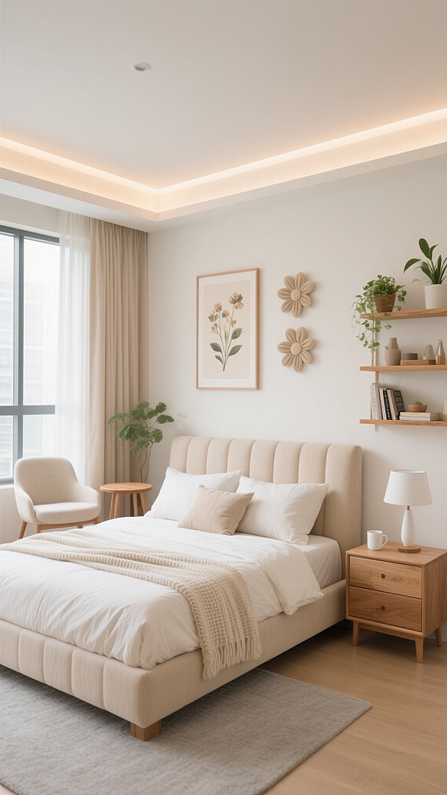 现代简约风格卧室，以浅米色和原木色为主色调，整体明亮温馨。中央摆放一张米色布艺软包床头的双人床，床上铺着米白色床单和浅色针织毯，搭配多个同色系枕头。床的右侧是一个原木色床头柜，上面放着一盏白色台灯和一个白色杯子。床的左侧靠墙处有一个原木色多层搁板架，摆放着绿植、装饰品和书籍。房间左侧有一扇大窗户，挂着浅米色落地窗帘，窗边放着一把浅色单人椅和一个小圆木桌。墙上挂着一幅花卉装饰画和三个立体花朵装饰。天花板有嵌入式灯带，营造出柔和的间接照明效果，地面铺着浅灰色地毯，整体空间干净整洁，光线充足，充满舒适宁静的居家氛围。
