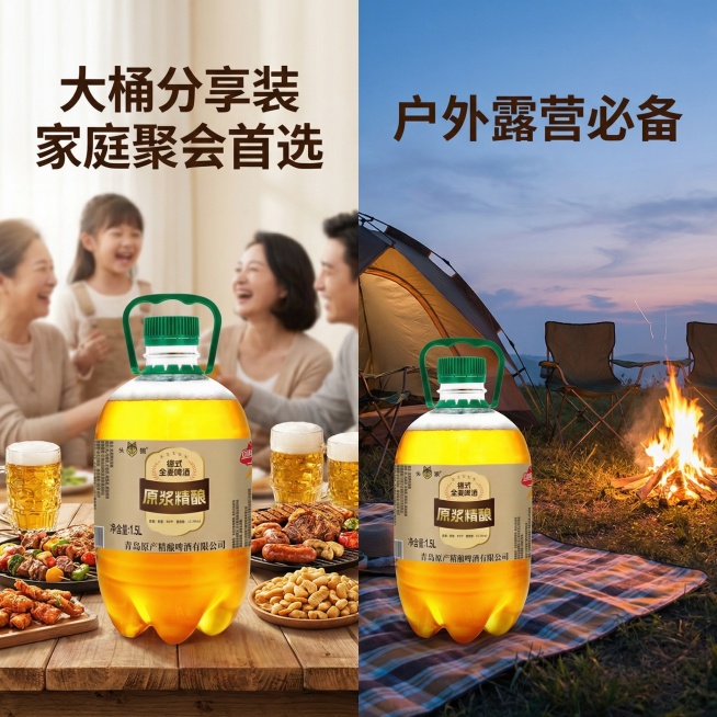为头狼德式全麦原浆精酿啤酒生成第五张1:1电商主图，突出大桶分享装适合家庭聚会、户外露营的卖点，场景化展示，风格清晰美观预览效果