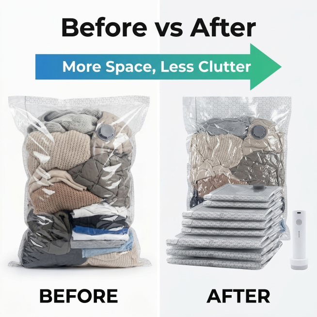 Before and after compression comparison diagram: left side is bulking uncompressed clothes in bag, r预览效果