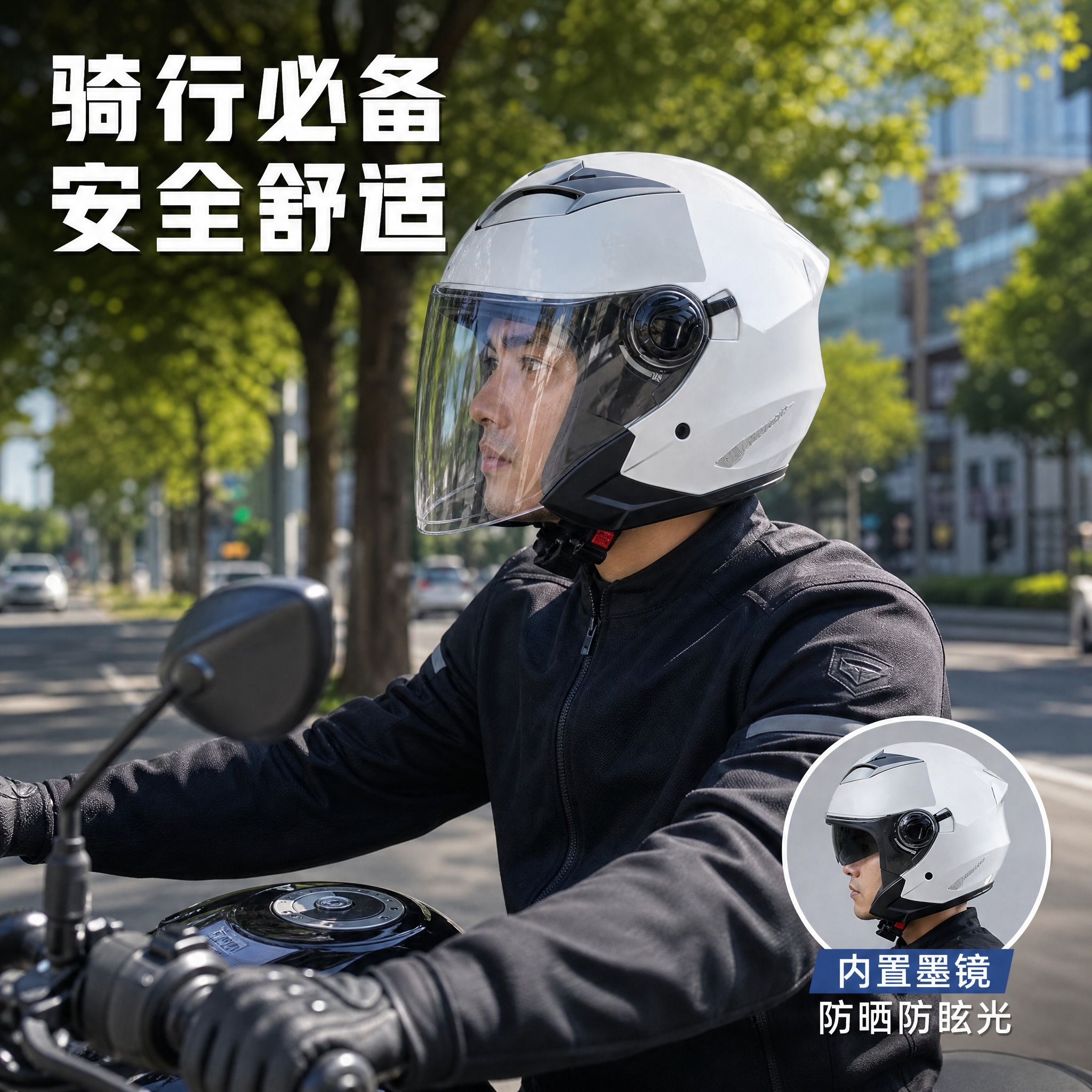 [主图-4] 真实使用场景，展示头盔在摩托车骑行场景中的佩戴使… - 图片创意预览