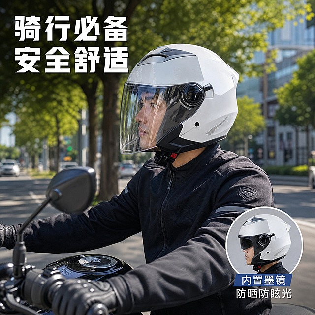 [主图-4] 真实使用场景，展示头盔在摩托车骑行场景中的佩戴使用效果。
[统一基调] 淘宝电商主图风格，专业品质感，冷灰科技底色搭配白色高亮产品，主标题字体为粗黑体深灰色，辅助文字为中灰色，强调色为科技蓝，整体简洁大气，突出产品质感。
[画面] 户外城市道路骑行场景，一位成年男性骑手（亚洲面孔，约30岁，短发，穿黑色骑行夹克）正坐在摩托车上，佩戴这款白色双镜片头盔，透明外镜片放下，侧面视角展示头盔佩戴效果。背景是模糊的城市街道和绿树，阳光明媚的白天，营造真实骑行氛围。头盔在画面中清晰可见，是视觉焦点，骑手和摩托车作为场景衬托。画面右下角有一个小圆形插图，展示内置墨镜放下时的侧面佩戴效果对比。
[光影质感] 真实户外自然光摄影质感，阳光从侧上方照射，头盔表面有自然环境反光，与场景光影融合自然，无悬浮感，边缘过渡自然。
[配色] 场景以户外自然色为主，蓝天绿树灰色路面，白色头盔在场景中突出，文字用白色或深色确保在背景上清晰可读。
[文字版式] 画面左上角主标题"骑行必备 安全舒适"，白色粗体字带轻微深色描边确保在复杂背景上清晰，右下角小圆形插图旁标注"内置墨镜 防晒防眩光"。
[输出要求] 1:1正方形比例，2K分辨率，产品清晰，场景真实自然，人物结构正常，无肢体畸形，无变形，无错字，无水印，无平台Logo。