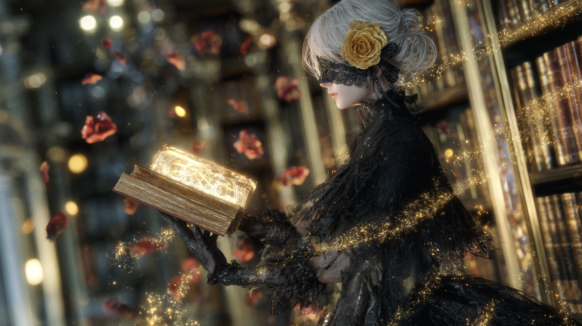 A slender and charming female mage with black body and faceless black head, silver-white textured wa预览效果