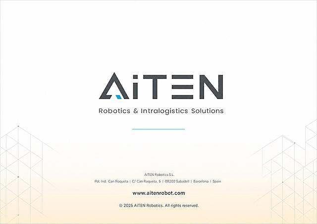 A4 landscape brochure back cover page, clean minimalist design, white background with a subtle warm gradient at bottom. Center: large AiTEN logo mark in dark gray. Below it: tagline "Robotics & Intralogistics Solutions" in medium gray. A thin cyan accent line below. Bottom: small text with address and website — "www.aitenrobot.com" — "© 2025 AiTEN Robotics. All rights reserved." Bottom corners: subtle geometric line patterns in light gray. Minimalist, elegant, professional European B2B back cover design