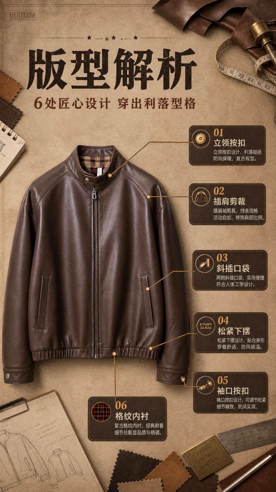 [商品] 使用【图1】复古棕色立领PU皮夹克；商品处理：保留立… - 图片创意预览