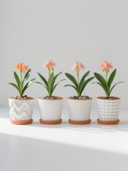 白色纯色背景上，四个相同的室内盆栽植物规整排布成一行，保持原图像中的绿色长叶、橙粉色花朵及花盆顶部橙色边缘和内部白色底色，花朵绽放姿态自然，叶片舒展有光泽，花盆底部有细小石子装饰，整体采用明亮柔和的自然光照明，光影过渡平滑，呈现清新写实的摄影风格。四个花盆分别具有完全不同的纹理：第一个花盆为流畅的波浪形纹理，第二个为均匀分布的点状纹理，第三个为平行排列的直线纹理，第四个为整齐的格纹纹理，所有纹……预览效果