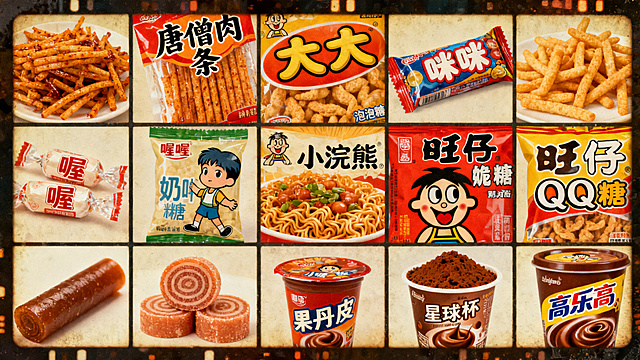 80后怀旧零食九宫格拼贴，充满复古怀旧氛围，经典老式零食组合，暖调复古胶片质感，整体画面协调统一