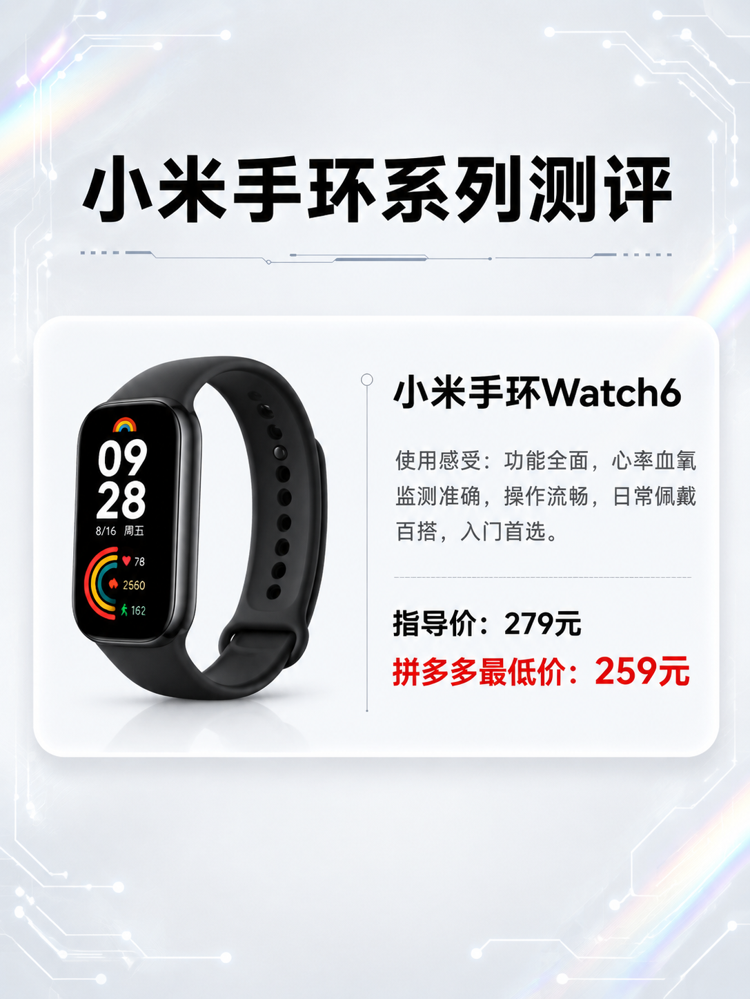 小米手环系列测评海报，版式参考第二张参考图的左右分栏卡片式排版… - 图片创意预览