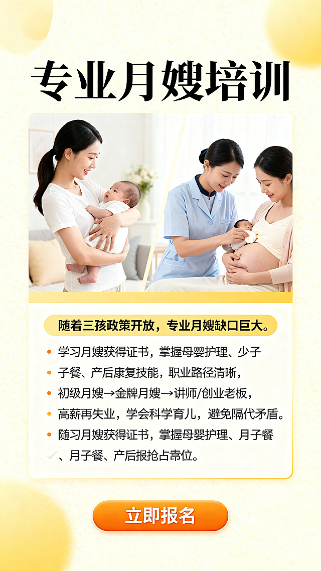 月嫂职业培训招生宣传海报，设计简洁专业，顶部大字主标题"专业月嫂培训"，宣传文案：随着三孩政策开放，专业月嫂缺口巨大。学习月嫂获得证书，掌握母婴护理、月子餐、产后康复技能，职业路径清晰，初级月嫂→金牌月嫂→讲师/创业老板，高薪永不失业，学会科学育儿，避免隔代矛盾，现代月嫂是复合型高薪人才，立即报名抢占席位。暖色调温馨专业风格，适合培训招生宣传，画面包含母婴温馨元素，底部有报名按钮，整体干净醒目。