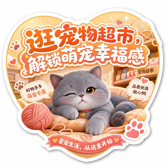 宠物宣传主题异形贴纸，中心卡通英短猫，边缘异形抠图贴合心形轮廓，圆润大字主标题"逛宠物超市，解锁萌宠幸福感"，暖色调，边角点缀毛线球爪印爱心，慵懒温馨预览效果