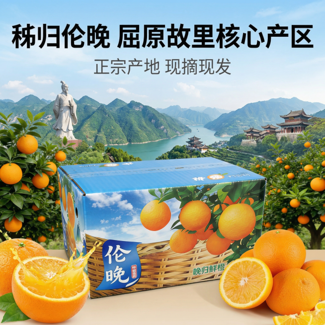 请在帮我生成几张关于伦晚脐橙的电商产品主图，突出秭归屈原故里核心产区预览效果