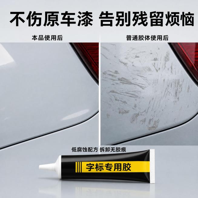 [主图-3] 不伤车漆卖点展示图
[氛围风格] 真实对比，清晰易懂
[画质] 商业摄影质感、光线柔和通透、产品清晰真实、画面干净高级
[元素] 左右分屏对比，左侧为使用本品去除字标后，车漆无胶痕干净；预览效果