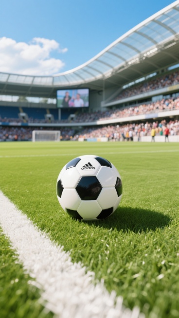 阳光明媚的足球场，前景是一个黑白相间的足球位于草坪的白色边界线上，足球表面有清晰的六边形图案和品牌标志，草坪呈现出鲜亮的绿色，草叶纹理细腻，阳光照射下形成明显的阴影。背景是大型现代化足球场，拥有弧形的透明顶棚和多层看台，看台上坐满了观众，穿着各色服装，远处的电子屏幕显示着模糊的图像。天空湛蓝，飘着几朵白云，光线明亮，整体氛围充满活力和运动感，色彩鲜艳饱和，具有高度写实的摄影质感，清晰的景深效果……预览效果