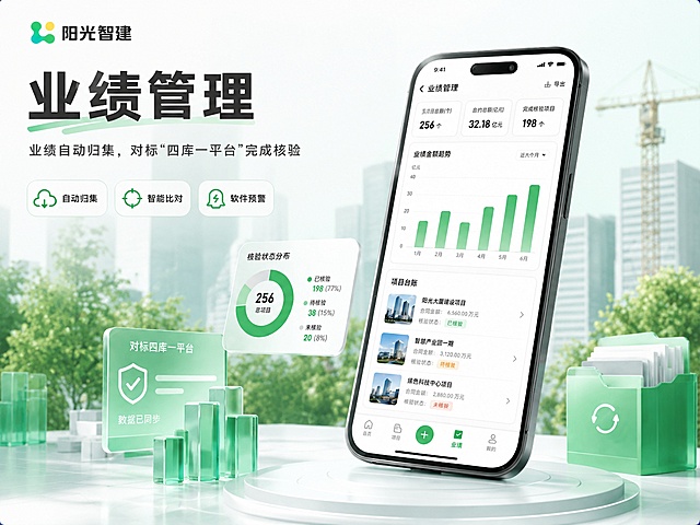 生成和参考图一模一样的阳光智建业绩管理宣传图，内容包括阳光智建logo、标题业绩管理、副标题业绩自动归集，对标“四库一平台”完成核验，保留手机界面展示、环形图、柱状图和所有文字内容、绿色玻璃元素以及整体绿色清新设计风格，生成尺寸比例为4比3，长宽均不超过2048像素