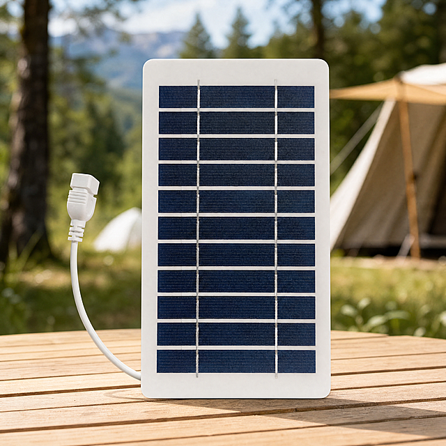 [Main Image 1] 5V 2W Solar Panel charging product for outdoor camping. Keep the original product appearance: white frame, dark blue photovoltaic panel, white USB output cable. Product appearance (physical structure, material texture, color) remains 100% consistent with the input image, no distortion or color difference, meticulous processing.
[Atmosphere Style] Professional Amazon cross-border e-commerce main image, clean outdoor camping style;
[Image Quality] Commercial photography texture, soft and transparent light, clear and realistic product, clean and advanced picture. Product subject occupies 85% of the画面, full screen without border.
[Elements] The product is placed on a light-colored wooden outdoor camping table, with a blurred natural camping scene (tents and trees in the distance) in the background. The picture is clean, natural and focused.
[Lighting] Natural soft daylight, main light from the front, soft reflection to fill light, clear outline of the product, soft shadow, natural light transmittance, high clarity.
[Color Matching] Main color: natural wood color + photovoltaic panel dark blue; auxiliary color: soft natural green (background).
[Perspective Composition] Flat front view, the product is centered, clear focus, moderate depth of field, complete product contour without cropping.
[Text Layout] Strictly comply with Amazon cross-border rules, do not add any additional marketing text and non-product logo. No Chinese characters.
[Proportion Resolution] 1:1 ratio, 4K resolution, text clear and recognizable, ultra high definition.
[Negative Prompt] Deformation, watermark, text confusion, blurred product image, messy background, extra text, extra logo, Chinese characters.