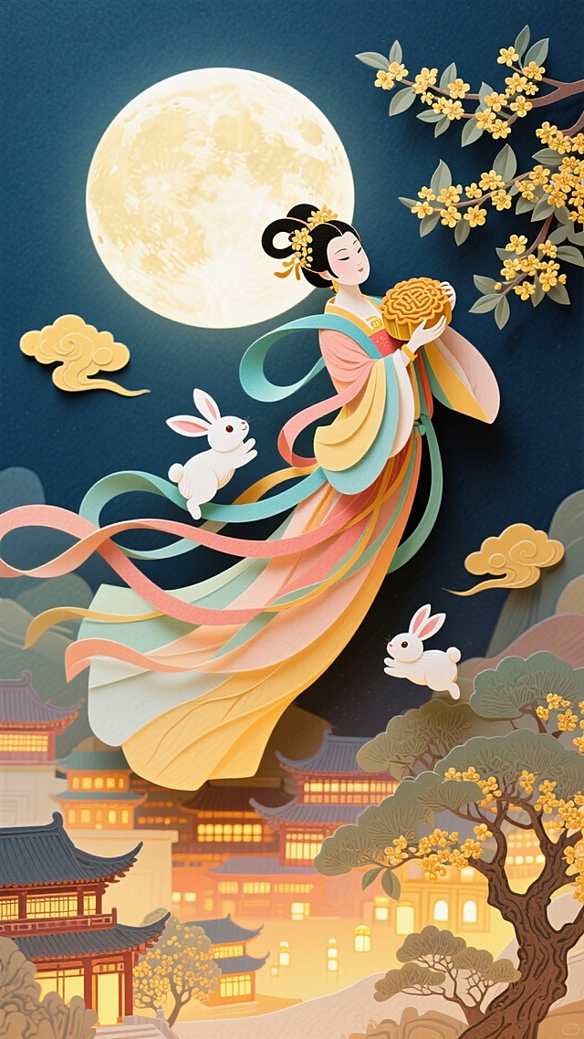 嫦娥抱着月饼细嗅金桂，背后的月亮与手中的月饼都象征团圆，万家灯火此时更突出中秋节日氛围。