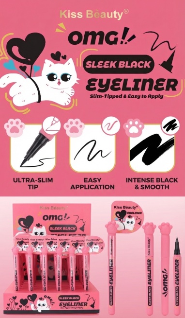 参考原图产品，生成Kiss Beauty小猫爪眼线笔功能图，突出产品核心卖点：细笔尖、易上色、浓黑顺滑，配合英文文字和简约图标展示，所有文字转换为英文，粉色可爱风格预览效果