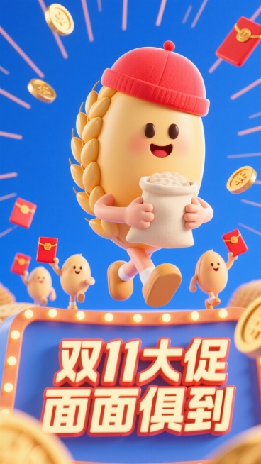 主视觉为带着红帽子的麦粒抱着面粉袋冲出画面，背后跟着3只拿着红包袋的小麦粒，正面视角，背景金币、红包、放射线点缀，画面下方为3D文字灯牌“双11大促 面面俱到”预览效果