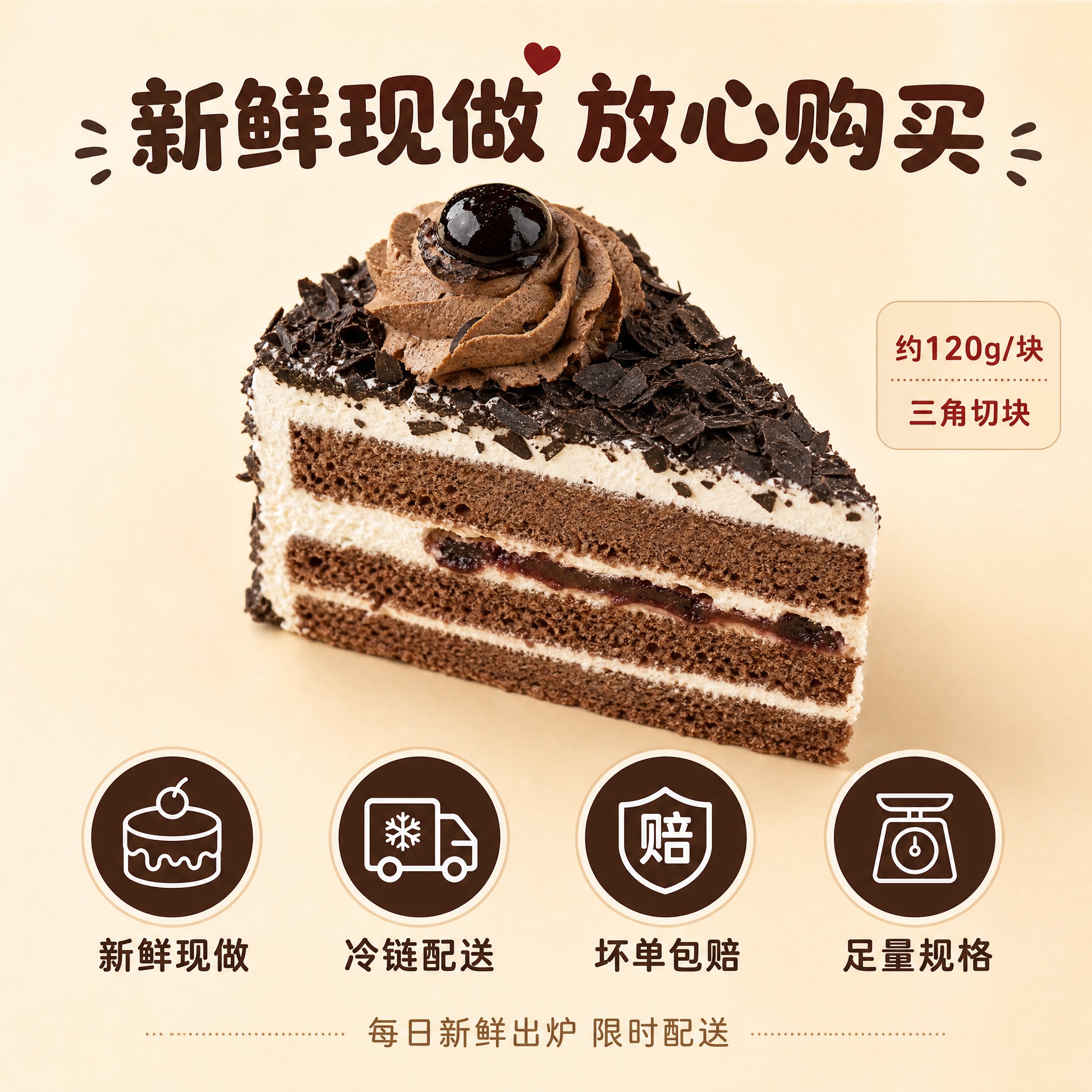 [主图-5] 黑森林蛋糕规格与服务承诺图，主题为放心购买 新鲜… - 图片创意预览