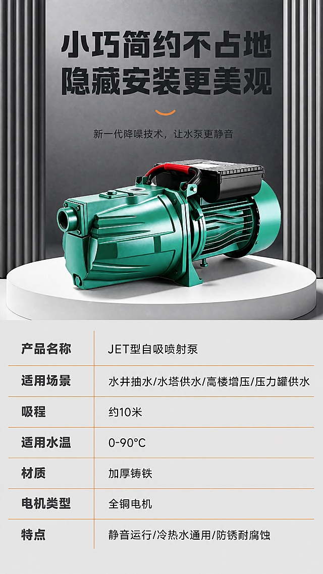 [商品] 使用【图1】绿色JET型自吸喷射泵；保留产品绿色外观、黑色电机盒、整体结构比例和细节；产品放置在画面上半部分中央展示台位置，正面偏左45度角，清晰展示全貌。
[画面] 第8张产品参数规格收口页，目标作为最后一张提供完整产品信息。竖版9:16构图，上半部分深灰背景，产品放置在白色展示台上，两侧有灰色立柱装饰，营造产品展示氛围。下半部分为浅灰色参数表格区，整齐排列产品规格参数。顶部标题区，整体专业严谨。
[视觉] 套系策略：风格=拼多多工业风大字报商业摄影；标题字=超粗黑体大字；正文字=常规黑体；主色=深墨蓝+工业灰；背景延展=上深灰下浅灰分区，展示台白色，两侧灰色装饰柱；强调色=亮橙色，用于标题装饰、表格分隔线；标题色=深炭灰色；正文色=深灰色；组件=白色展示台、灰色装饰立柱、参数表格、橙色分隔线；光影=产品左前侧柔光，金属质感清晰，展示台有产品投影。
[文字] 顶部主标题"小巧简约不占地 隐藏安装更美观"，深灰超大粗体字；下方副标题"新一代降噪技术，让水泵更静音"灰色小字配橙色小弧线。下半部分参数表：产品名称"JET型自吸喷射泵"；适用场景"水井抽水/水塔供水/高楼增压/压力罐供水"；吸程"约10米"；适用水温"0-90℃"；材质"加厚铸铁"；电机类型"全铜电机"；特点"静音运行/冷热水通用/防锈耐腐蚀"。参数表两列布局，左列参数名深灰粗体，右列参数值黑色常规。所有文字横排，手机端清晰可读。
[规格] 图片比例9:16竖版，分辨率4K，质量medium。避免变形、错字、文字过小、产品颜色改变、结构失真、极限词。