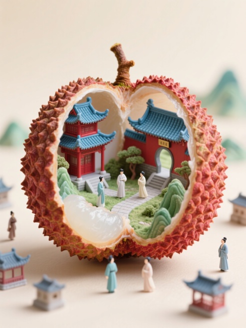 一幅创意微缩景观作品，以浅米色为柔和底色。主体是对半剖开、外壳红褐带尖刺、果肉莹白温润的荔枝，内部构建起古典中式庭院场景 —— 飞檐翘角的楼阁（蓝瓦红墙）、青绿山水、浅色小径错落，人物身着素净淡雅的古预览效果
