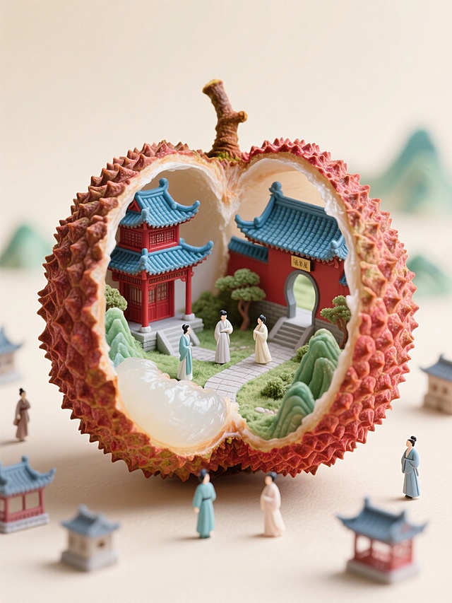 一幅创意微缩景观作品，以浅米色为柔和底色。主体是对半剖开、外壳红褐带尖刺、果肉莹白温润的荔枝，内部构建起古典中式庭院场景 —— 飞檐翘角的楼阁（蓝瓦红墙）、青绿山水、浅色小径错落，人物身着素净淡雅的古装。外部散落同款微缩建筑、行人，色彩搭配清新雅致，借荔枝独特形态与传统古韵场景融合，营造出奇幻且富有东方美学的沉浸式体验 。