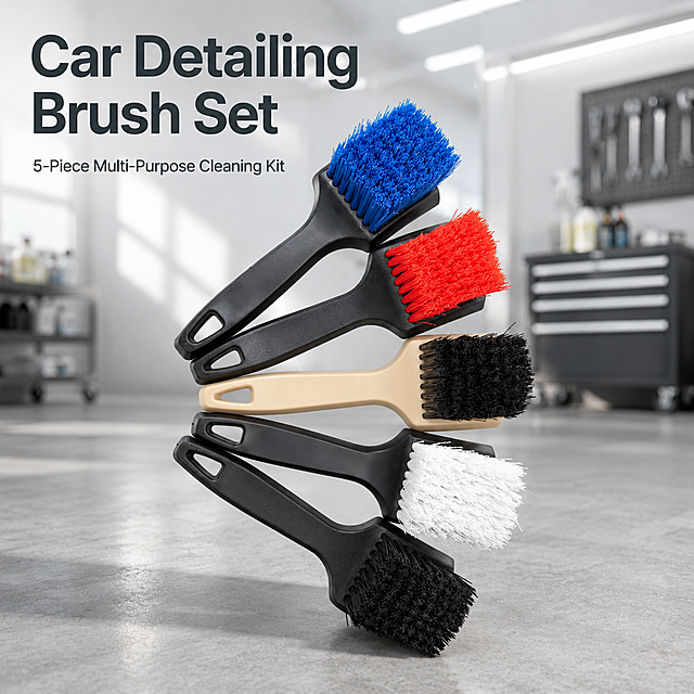 [主图 1] Product cover display for Car Detailing Brush Set. [氛围风格] Clean modern practical style, meets Amazon cross-border aesthetic. [画质] Commercial photography texture, f/2.8 soft depth of field, realistic photo, no distortion, super high definition, 2K resolution, clear and real product. [elements] 5 different colored (blue red black white dark grey) car detailing brushes arranged in a fan shape in the center, product occupies 70% of the picture, background is a clean light gray minimalist car maintenance workshop, the product maintains the same appearance (physical structure, material texture, color) as the input product picture, no deformation or chromatic aberration, delicate processing, full screen without border, no white background. [光影] Soft natural side light, the light is even and transparent, highlighting the texture of the brush handle and bristles, soft shadow transition, clear light and dark levels. [配色] Main color is light gray background, auxiliary colors are the multi-colors of the brush bristles, high texture color matching, clean and comfortable. [视角构图] Head-up angle, soft depth of field, product centered, complete outline without cropping. [文字版式] Upper left negative space left-aligned with safety margins, large text "Car Detailing Brush Set" bold sans-serif, dark gray text, high contrast with background; small subtext "5-Piece Multi-Purpose Cleaning Kit" to keep the picture concise and compliant. [比例分辨率] 1:1 ratio, 2048x2048 resolution, 2K, text clear and recognizable, super HD. [负向提示词] Deformation, watermark, text confusion, blurred product picture, messy background, Chinese characters, exaggerated words, decorative borders, irrelevant props, white background