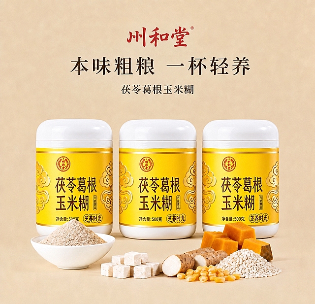 保持背景颜色和所有文字、配料元素不变，将画面中间的主产品茯苓葛根玉米糊罐子变成三个相同的罐子，横向并排居中摆放，整体风格、光影、质感与原图完全一致，自然真实