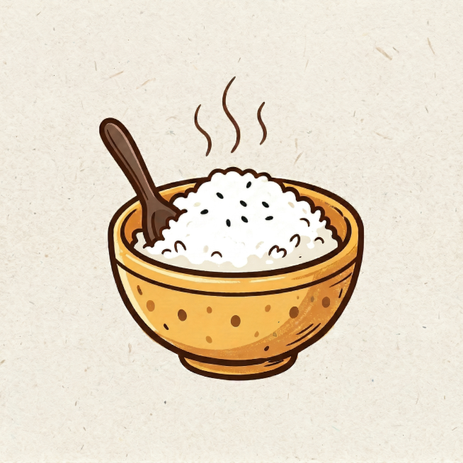 修改logo，减少饭上芝麻的数量，不要那么多芝麻，保留其他设计：食谱app logo，简笔画风格，卡通风格，粗线条勾勒特写一碗饭，无叶子，可爱温馨治愈画风，简洁干净，颜色鲜艳，背景为纯白色牛皮纸，插画预览效果