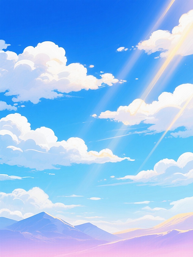 一幅充满梦幻色彩的蓝色风格天空插画，画面中70%以上由蓝天白云构成。清澈透亮的蓝色天空从顶部的深邃湛蓝逐渐过渡到中部的明亮蔚蓝，底部则融入淡淡的粉紫色霞光。形态各异的白色云朵分布在天空各处，有的如蓬松的棉絮轻盈漂浮，有的似连绵的山峦层层叠叠，边缘呈现出柔和的渐变效果。几道金色的阳光射线从云层间隙斜射而下，照亮了部分云朵，营造出温暖而神圣的氛围。整体画面采用柔和的数字绘画风格，色彩过渡自然，光影效果细腻，给人一种宁静、开阔、心旷神怡的感觉。