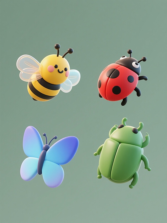 一套4个元素的系列动物插画集合，每个元素均采用相同的3D立体风格，圆润可爱的卡通造型，细腻的半写实质感，透明渐变的翅膀细节，明亮的高光和柔和的阴影处理，纯色背景。第一个元素是黄色带黑色条纹的蜜蜂，第二个是红色带黑色斑点的瓢虫，第三个是蓝色渐变身体的蝴蝶，第四个是绿色外壳的甲虫，四个元素规整地排列在画面中，保持一致的大小比例和视角。