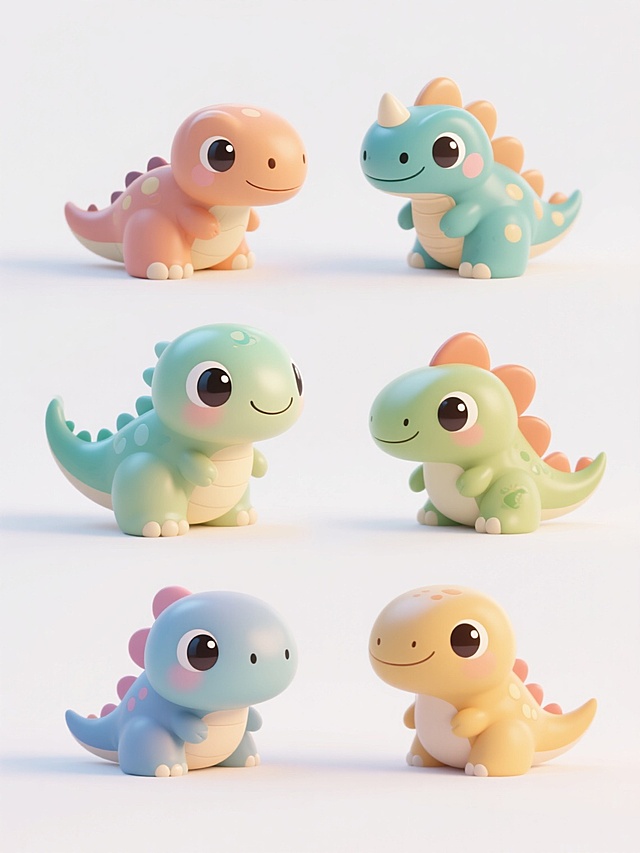 3D风格Q版恐龙，6个不同品种、外貌和造型的可爱恐龙角色，每个恐龙都具有圆润的身体比例、大大的闪亮眼睛、柔和的渐变色彩和光滑的材质感，带有细微的阴影和高光表现，整体呈现出卡通化的萌系特征，所有恐龙整齐排列在纯白色背景上，保持统一的Q版3D艺术风格和视觉和谐度。