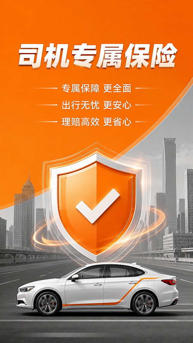商业营销风网约车司机专属保险海报，橙色背景占比约45%，搭配灰色城市道路剪影，中心突出盾牌保险图标，图标下方放置网约车侧面图，仅保留主标题"司机专属保险"和三行卖点文字，无其他多余文案，构图稳重专业，版式精美，9:16竖版，分辨率4K。