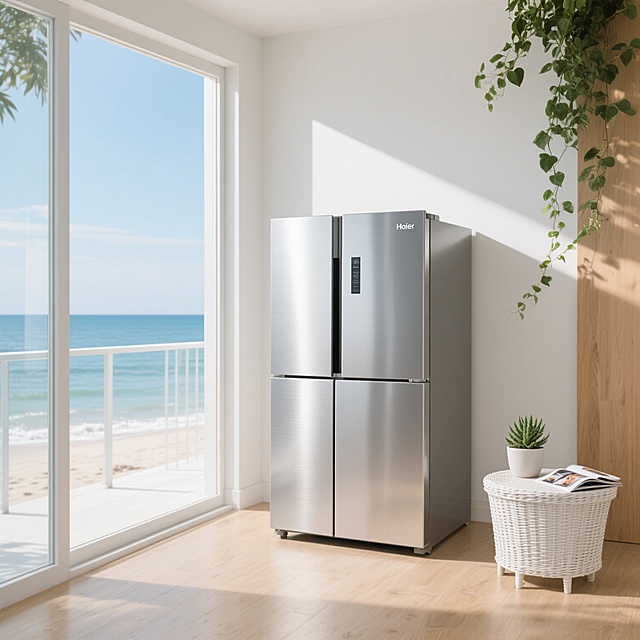 一台银色海尔双门冰箱，金属拉丝质感，表面光滑有反光，位于画面中央偏右位置，保持原有的高度、比例和品牌标识。整体采用写实主义风格，光线明亮柔和，主色调为银色、白色和原木色，光影效果自然，有清晰的明暗过渡和柔和阴影。冰箱被放置在一个充满自然气息的阳台环境中，左侧是开阔的落地玻璃窗，窗外可见碧海蓝天和白色沙滩，右侧摆放着一个白色的藤编小茶几，上面放着一盆绿色多肉植物和一本翻开的杂志，阳台地面铺设浅色木质地板，墙角处有一盆垂吊的常春藤，阳光透过窗户洒在冰箱和地面上，营造出清新、舒适、放松的氛围，整体画面干净整洁，信息传达简洁明了，符合现代家居产品展示的设计感。