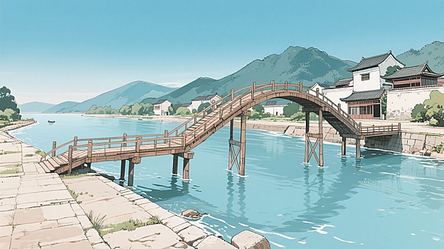 二次元古风，色调是图片中的，细节丰富，江边远景，木拱桥，浅蓝色为主，生成2张，不要人，4k，16:9