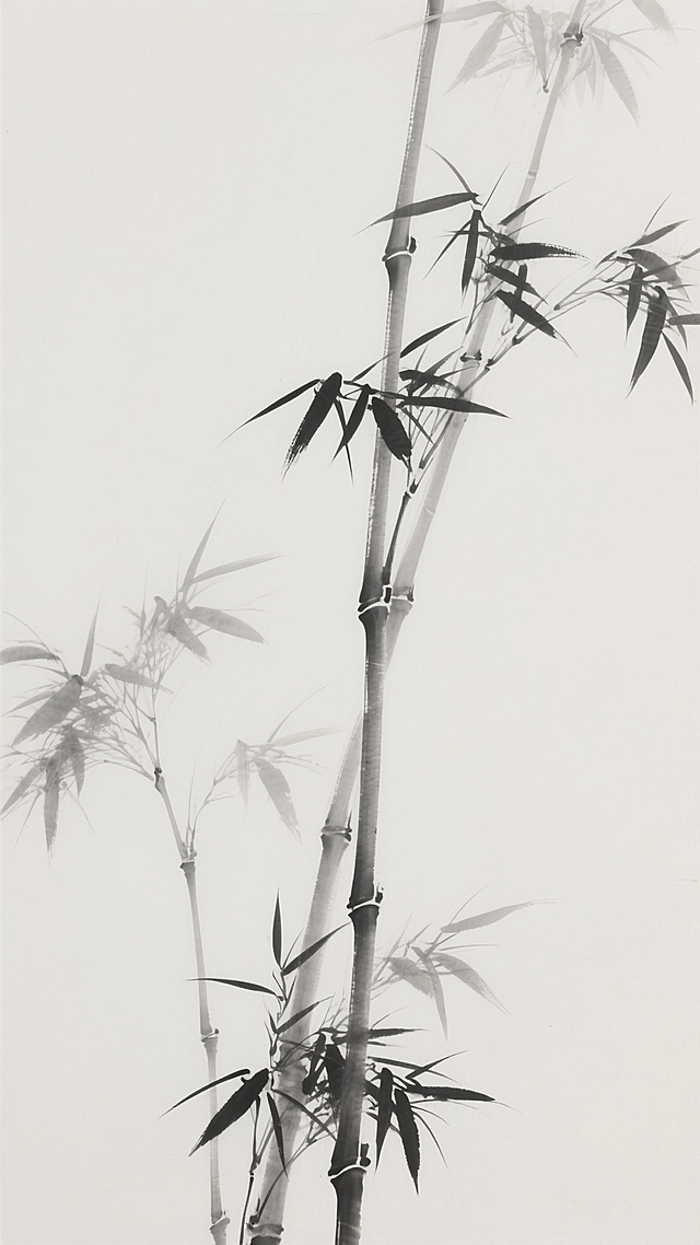 一幅中国水墨画风格的竹子图，以淡墨勾勒竹竿与竹叶的轮廓，笔触简练洒脱，竹竿挺拔向上，竹叶疏密有致，呈现出清雅高洁的意境，画面留白充足，营造出空灵悠远的东方美学氛围，整体色调为淡雅的墨色与白色，展现出传统水墨的韵味与风骨。