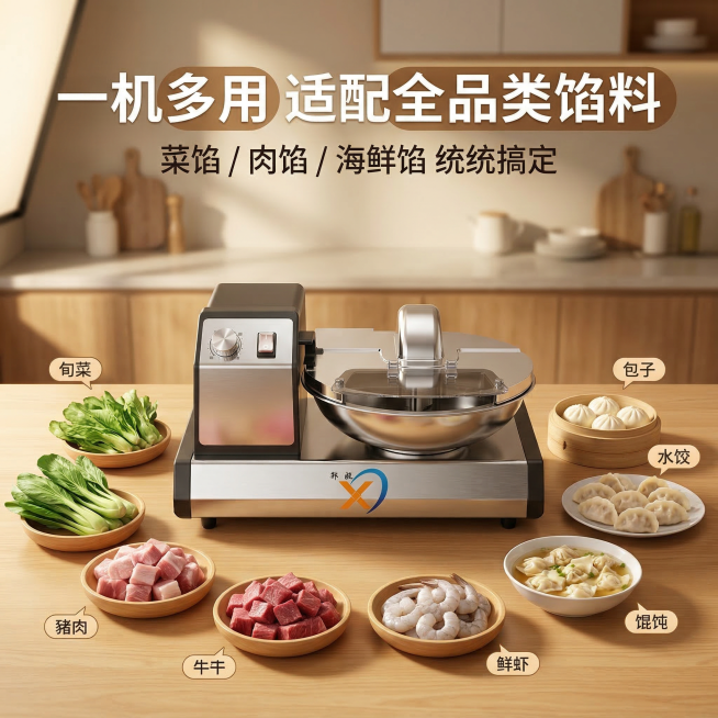 生成多食材适配卖点图，商业级 8K 画质，新鲜食材场景（青菜、猪肉、牛肉、虾仁围绕产品），专业影棚暖调光效，产品完美无瑕，严格还原上传的斩拌机产品图，包括包装设计、颜色、LOGO 位置、文字内容、图案预览效果