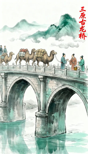 在现有的三原古龙桥水墨海报基础上，增加参考图片中的宋代商贩、市井卖茶小贩人物元素，保留原有三孔石桥结构、骆驼商队和水墨国风风格，晕染笔墨、青灰调留白设计，整体协调自然，继续体现丝路开放包容主题预览效果