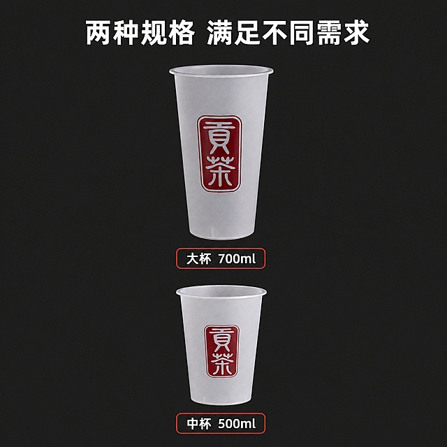 [主图-5] 贡茶奶茶杯规格SKU展示图。[氛围风格] 整齐规整对比展示，帮助用户快速选择。[画质] 商业摄影质感，清晰干净，信息明了。[元素] 上下排列展示两种不同尺寸的贡茶奶茶杯，大杯在上小杯在下，左右对齐，每个杯子下方标注对应容量信息。保持每个杯子外观材质颜色与原图完全一致，精细化处理。整体排列整齐，占比约75%，背景干净。[光影] 均匀棚拍光，每个产品都清晰展示，光影一致，无明显暗部。[配色] 深灰色纯色背景，产品突出，规格文字对比清晰。[视角构图] 正视图上下排列，对称居中构图，整齐干净。[文字版式] 每个杯子下方居中添加规格文字，大杯下方标注"大杯 700ml"，小杯下方标注"中杯 500ml"，白色文字，红色边框，清晰易读，不遮挡杯身主体。顶部添加标题文字"两种规格 满足不同需求"，白色粗体。[比例分辨率] 1:1比例，4k分辨率，文字清晰锐利，画面超高清。[负向提示词] 变形，文字错乱，产品图模糊，背景杂乱，水印，电商平台Logo。
