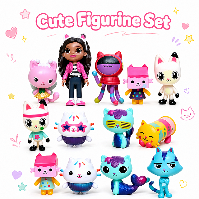 Make a simple English e-commerce main image with these 13 cute figurines, add a simple English title, add some cute cartoon decorative elements, the main background is pure white, keep all 13 hand figurines complete and clearly visible