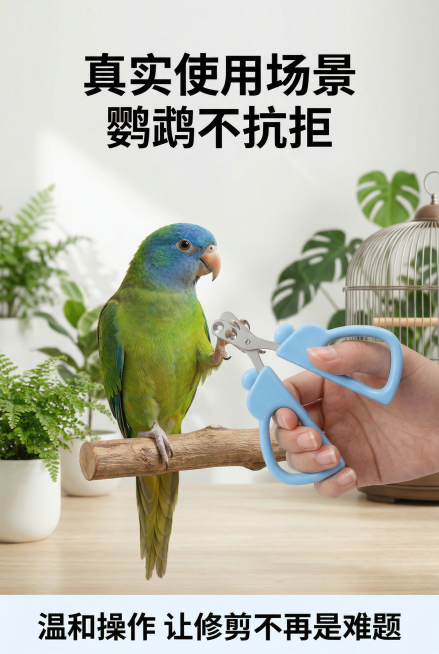 清新自然宠物护理风，严格还原上传产品图中鹦鹉指甲剪的造型、使用场景所有细节，产品比例协调，与场景无突兀感。温馨居家养鸟场景，手握着蓝色款指甲剪，给站在栖木上的鹦鹉修剪指甲，指甲精准对准圆孔，鹦鹉状态放预览效果