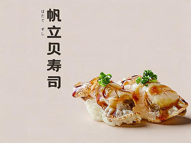 背景保持不变。优化成8K超高清商业美食摄影，寿司造型不变方向不变，帆立贝寿司造型精致，食材新鲜通透，帆立贝纹理清晰，酱汁油亮光泽，葱花翠绿新鲜，米饭紧实饱满。整体为极简高级风格，顶侧45°柔和自然光，细腻柔和的阴影，食材有通透光泽感，商业级精修，超写实细节，电影级质感。柔和自然光，阴影细腻，专业美食摄影，佳能R5+100mm微距镜头，f/8光圈，锐度拉满，色彩自然高级，无噪点，无畸变，不要改变寿司原本造型和方向。保留原有文字"帆立贝寿司"，保持文字位置和样式不变。