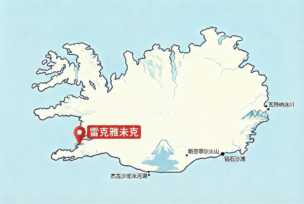 修正地图标注：1.将雷克雅未克的红色定位图标移至冰岛西南沿海的正确位置；2.移除标注错误的阿库雷里、重复的塞尔福斯；3.确认钻石沙滩在冰岛东南部的标注位置正确预览效果