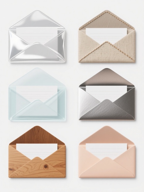 白色背景上，六个完全不同材质的打开信封与信纸组合元素，保持相同的信封造型、信纸露出形态及规整排布方式，每个信封和信纸采用迥异的材质质感：1. 光滑亮面塑料材质，带有高反光和透明感；2. 粗糙亚麻布纹理，布艺缝线细节清晰；3. 磨砂金属质感，呈现冷色调哑光金属光泽；4. 半透明玻璃材质，光线穿透效果明显；5. 木质纹理材质，带有木纹肌理和自然结疤；6. 软质硅胶材质，表面细腻且有轻微弹性感。整体……预览效果