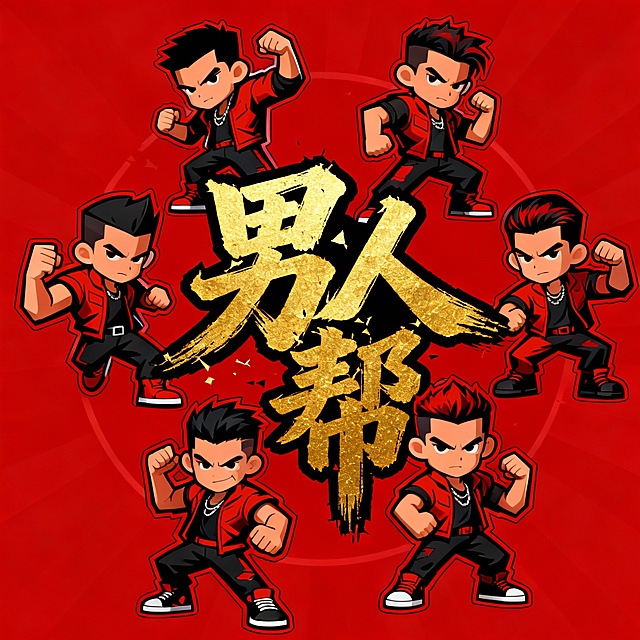 帮我设计几个群头像，头像主体文字为男人帮，主体色调为红色，要求很突出和显眼，可以加入6个男人的描绘（卡通，不是真人），但不要影响主体文字的视线焦点