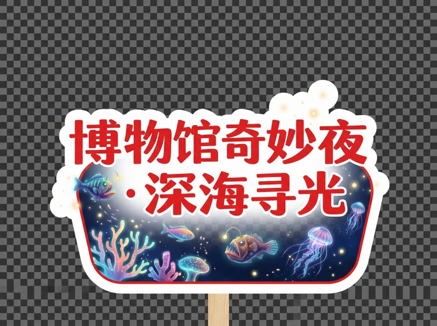 围绕趣玩·博物馆奇妙夜，这个主题生成自然博物馆的这种奇妙夜相关的牌子   高清大图 只要牌子 不要人物  需要6个牌子 每个牌子单独一张图片  风格参考图片里面的白底红字 但是要有自然博物馆元素（化石预览效果