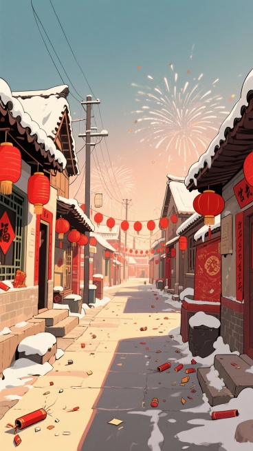 二次元卡通，东北，街道城镇，氛围欢乐、过年，浅红色、浅黄色，不要人物，细节丰富，9:16，生成二张预览效果