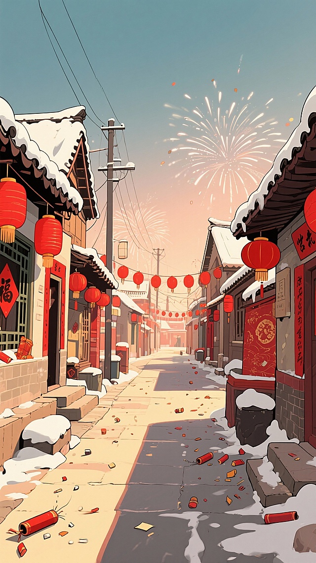 二次元卡通，东北，街道城镇，氛围欢乐、过年，浅红色、浅黄色，不要人物，细节丰富，9:16，生成二张