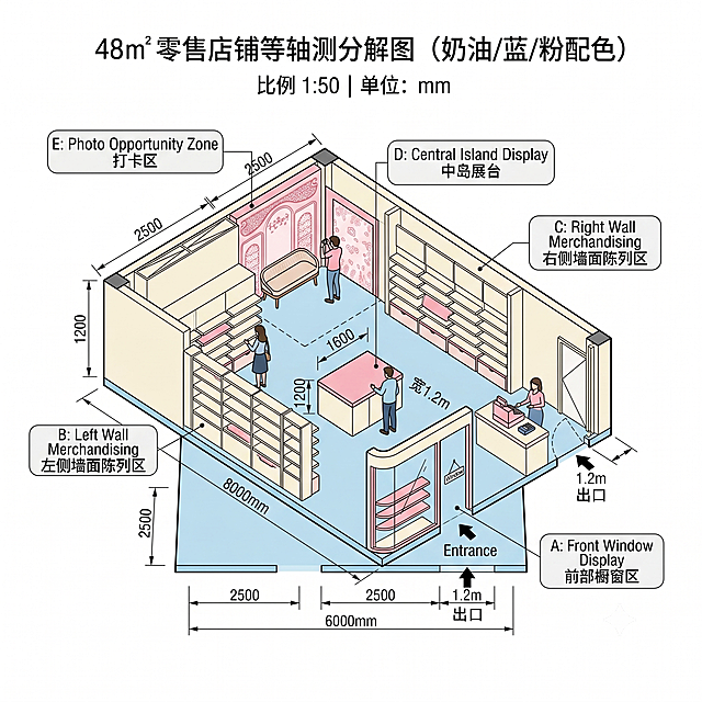 根据参考平面图，重新生成48平方米零售店铺的等轴测分解轴测图，尺寸为宽6米×深8米。剖切展示内部区域：前部橱窗区、中岛展台、左右两侧墙面陈列区、后部打卡区、出口附近收银台。粉彩填色：奶油色墙面、浅蓝色地面、粉色点缀区。加入小人偶作为比例参考。45度角视角悬浮布局，纯白背景。每个区域旁边有带引导线的浮动标签。建筑图解风格，极简阴影，矢量插画美学。