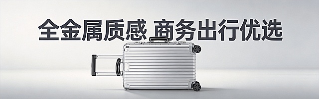 创作一个横版全金属拉杆行李箱促销海报，将主体银色行李箱放在视觉中心，海报规格为1920×600px，简约商务风格，突出产品质感，添加醒目促销文案，背景简洁大气